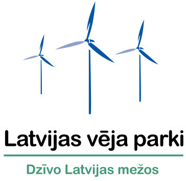 Latvijas vēja parki logotips ar vēja ģeneratoriem un tekstu Dzīvo Latvijas mežos