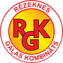 Rēzeknes Gaļas kombināta logotips ar sarkaniem burtiem uz dzeltena fona