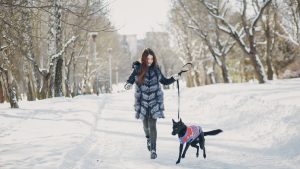Sieviete ar kažoku pastaigājas pa sniegotu parku ar suni.