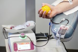 Asins ziedošanas process – donors tur dzeltenu masāžas bumbiņu, kamēr asinis plūst maisiņā.