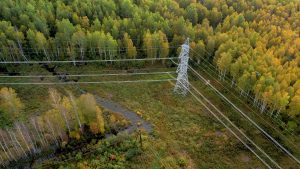 Augstsprieguma elektrolīnijas virs meža rudens ainavā