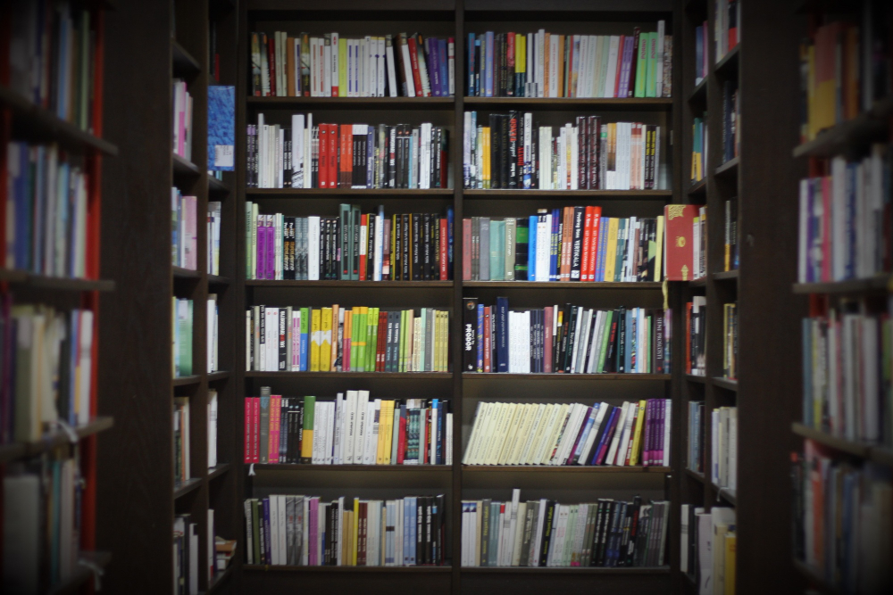 Tumši grāmatu plaukti ar dažādu krāsu un formātu grāmatām, veidojot mājīgu bibliotēkas stūrīti
