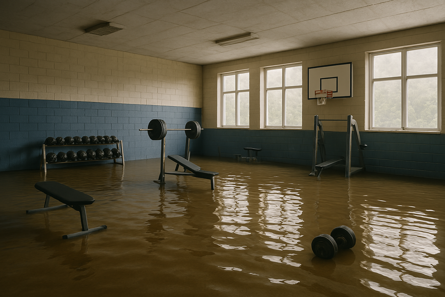 Plūdu skarta sporta zāle ar stieņiem, soliņiem un basketbola grozu
