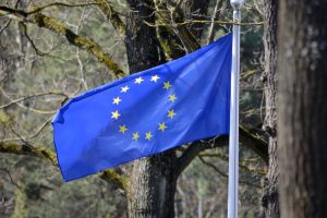 Eiropas Savienības karogs plīvo vējā pie koku stumbriem