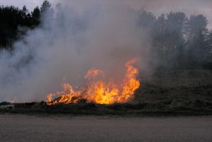 Kūlas ugunsgrēks ar liesmām un bieziem dūmiem pie ceļa.