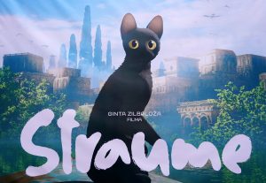 Animācijas filmas "Straume" plakāts ar melnu kaķi un pilsētas ainavu fonā.