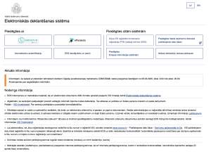 Valsts ieņēmumu dienesta Elektroniskās deklarēšanas sistēmas (EDS) pieteikšanās lapa ar autentifikācijas iespējām un aktuālo informāciju