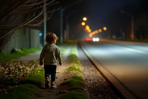 Mazs bērns kapučdžemperī iet pa trotuāru nakts laikā, tuvumā redzamas mašīnu gaismas un ielu apgaismojums