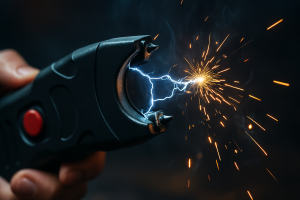 Stunguns, no kura elektrodiem redzama elektriskā dzirkstele