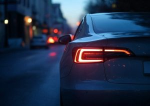 Automobiļa aizmugure ar iedegtām aizmugurējām gaismām uz pilsētas ielas krēslā