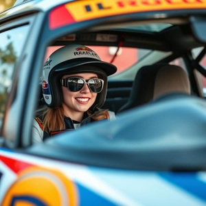 Jauna sieviete rallija automašīnā ar aizsargķiveri un saulesbrillēm, gatava sacīkstēm