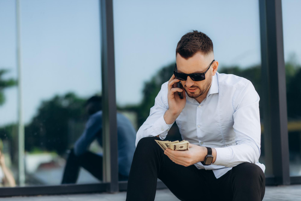 Vīrietis baltā kreklā ar saulesbrillēm skaita naudu un runā pa mobilo tālruni