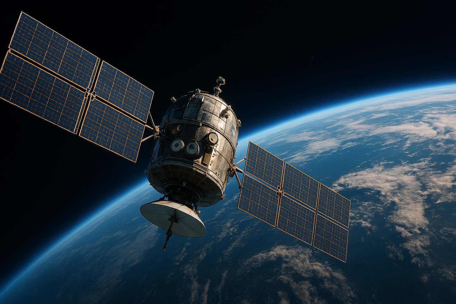 Zemes orbītā esošs satelīts ar saules paneļiem pret tumšu kosmosa fonu