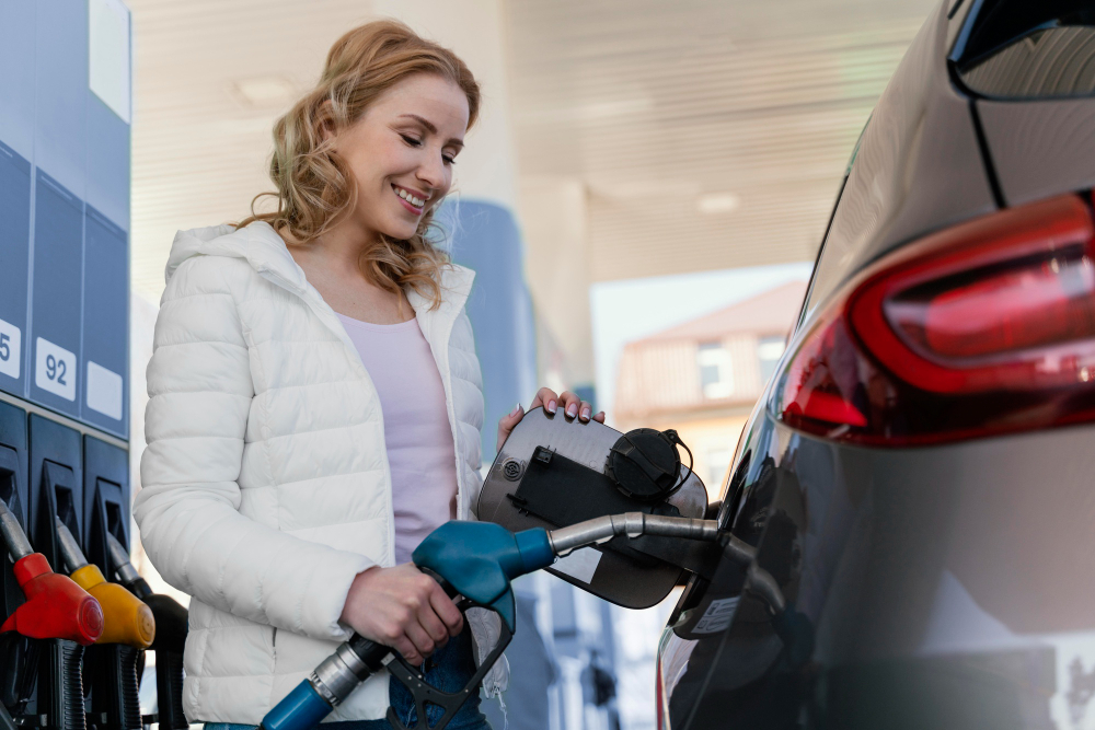Sieviete smaidot uzpilda automašīnu ar degvielu pie degvielas uzpildes stacijas.
