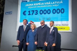 Četri cilvēki stāv pie liela plakāta, kur redzams 173 miljonu eiro atbalsts daudzdzīvokļu māju