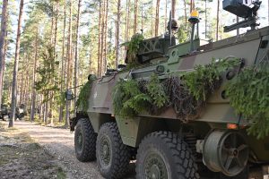 Bruņutransportieris ar maskēšanās zariem militārajās mācībās mežā