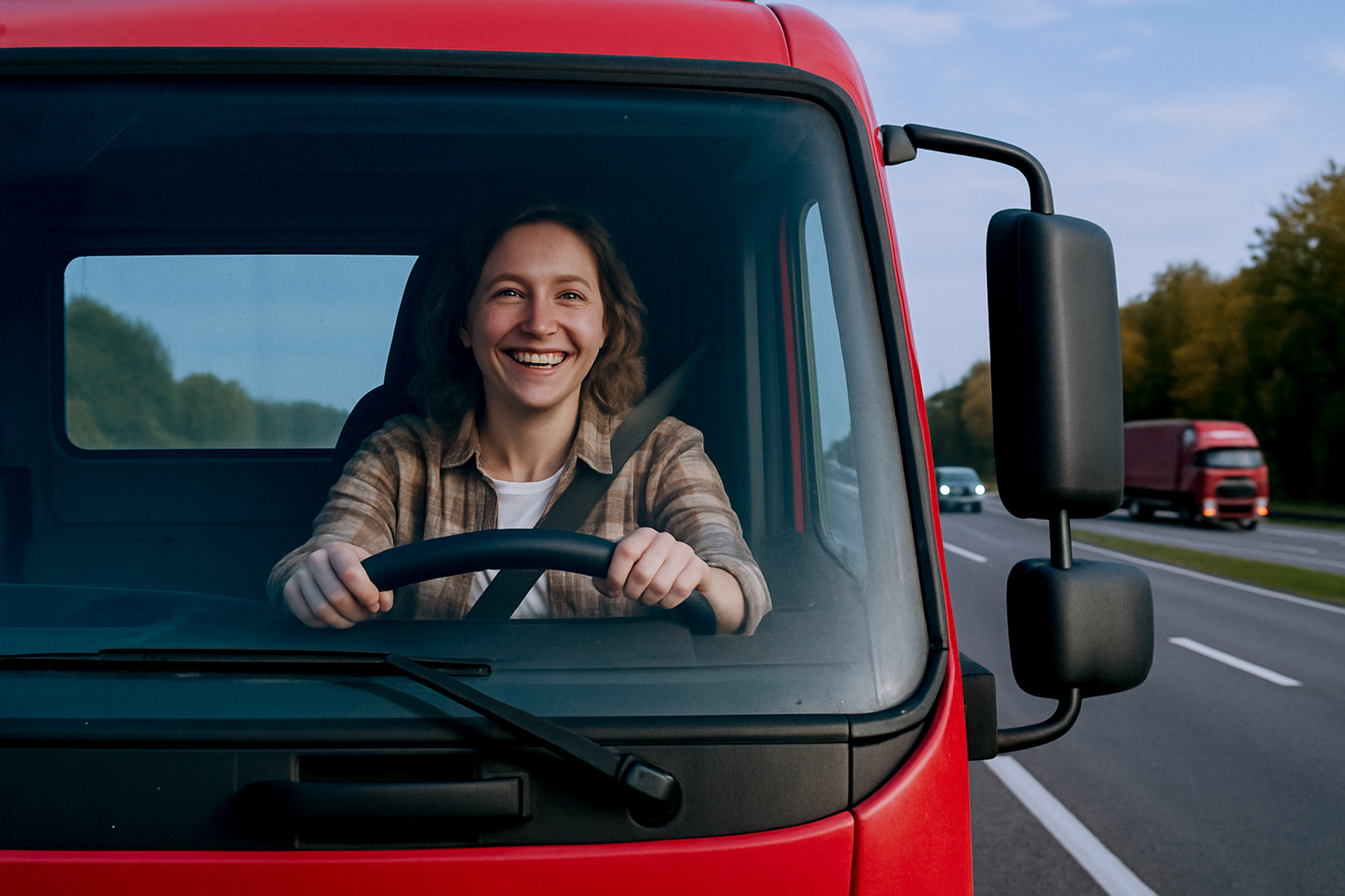 Smaidīga sieviete vada sarkanu kravas auto pa lielceļu