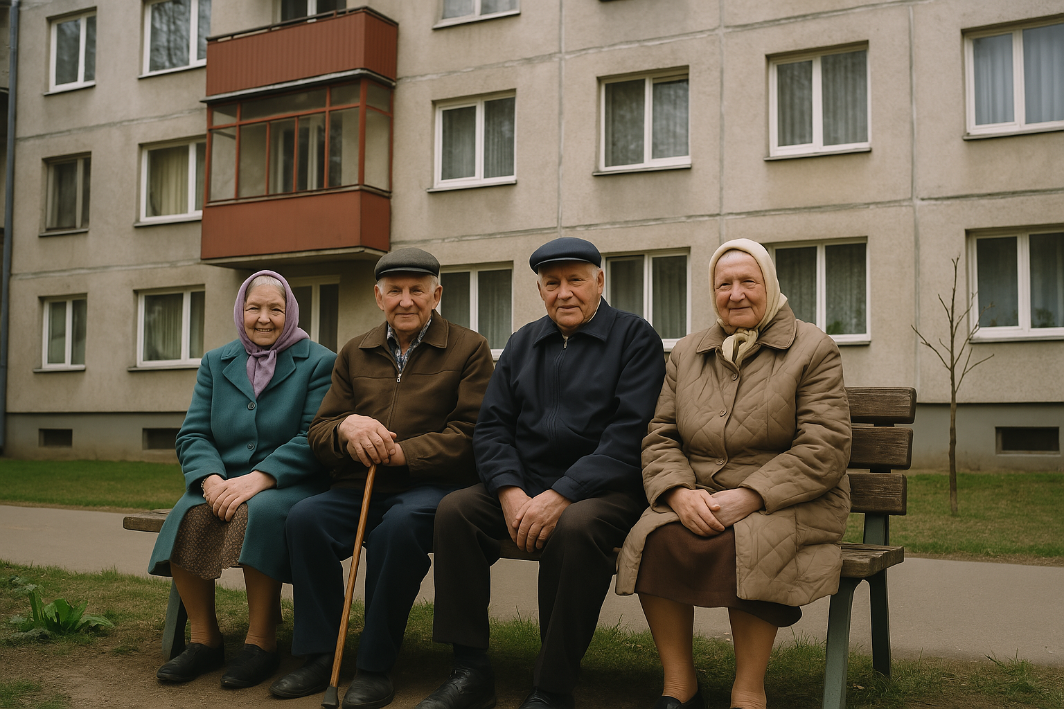 Četri vecāka gadagājuma cilvēki sēž uz soliņa daudzdzīvokļu mājas pagalmā