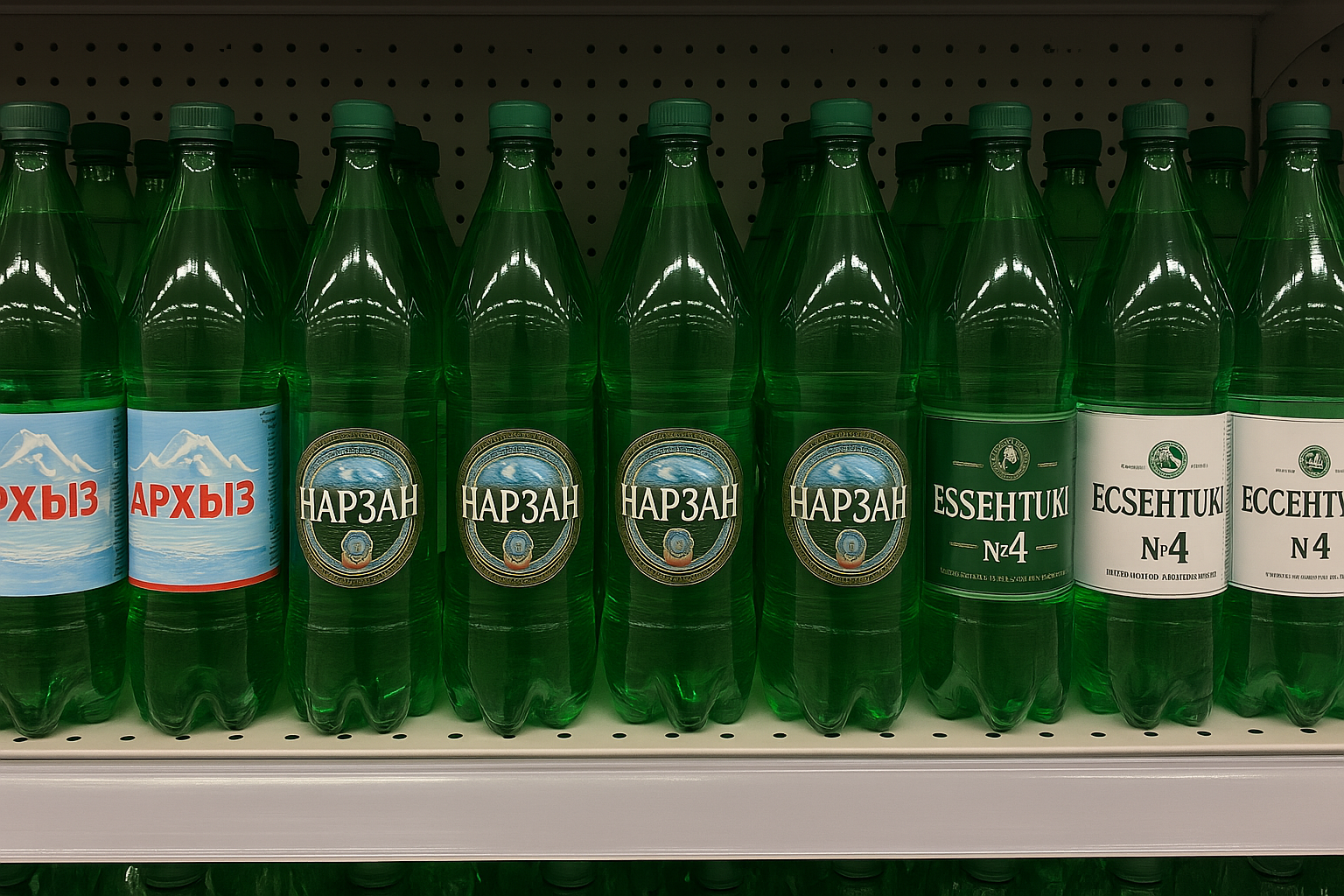 Dažādas zaļas plastmasas minerālūdens pudeles ar krievu valodas etiķetēm veikala plauktā