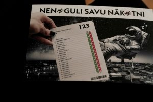 Vēlēšanu afiša ar tekstu “Nenoguli savu nākotni”, kurā redzams guļošs kosmonauts un vēlēšanu zīme ar kandidātu sarakstu.