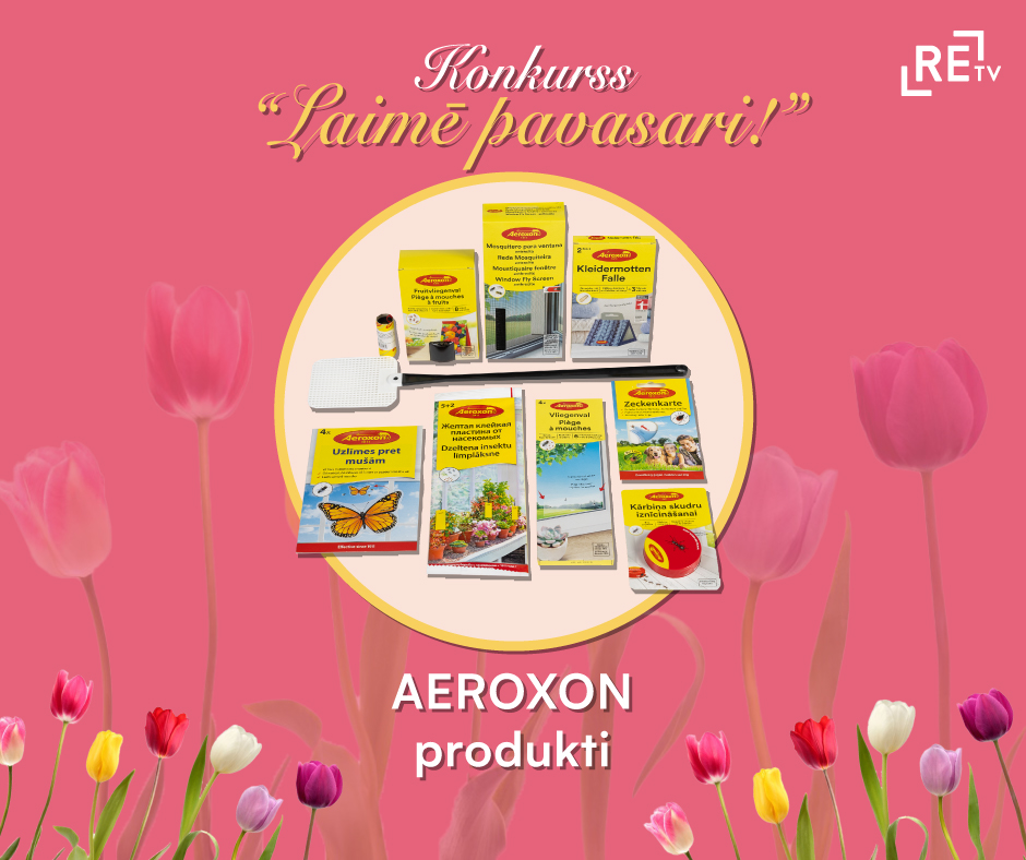 ReTV konkurss 'Laimē pavasari!' ar AEROXON produktiem uz ziedu fona.