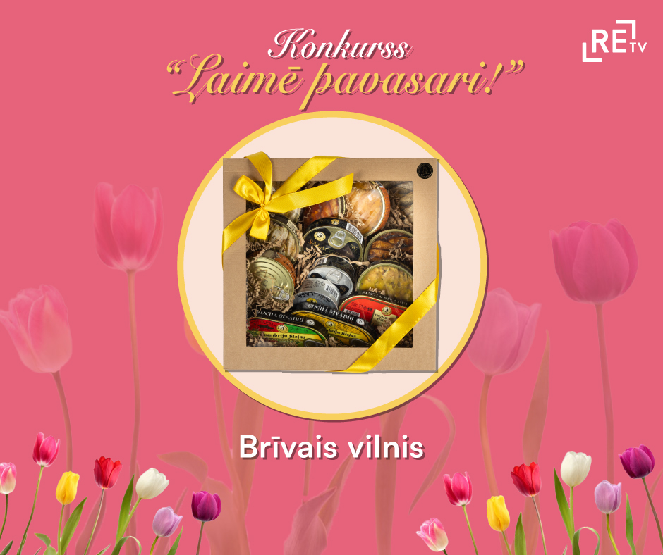 ReTV konkurss 'Laimē pavasari!' ar Brīvais vilnis balvu komplektu uz ziedu fona.