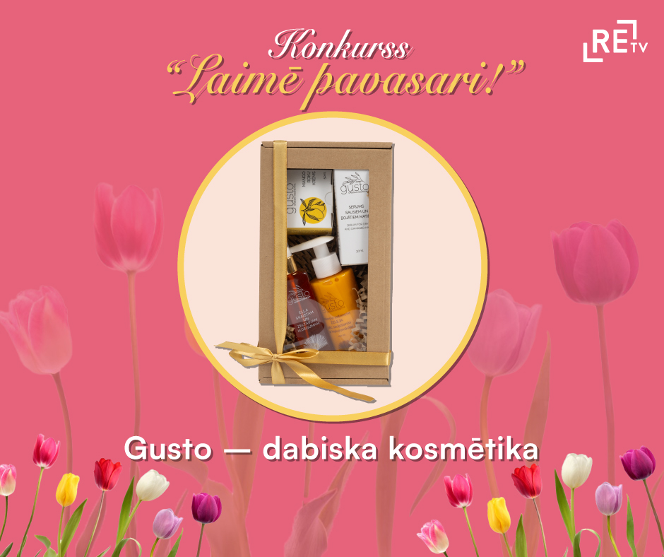 ReTV konkurss 'Laimē pavasari!' ar Gusto - dabiska kosmētika balvu komplektu uz ziedu fona.