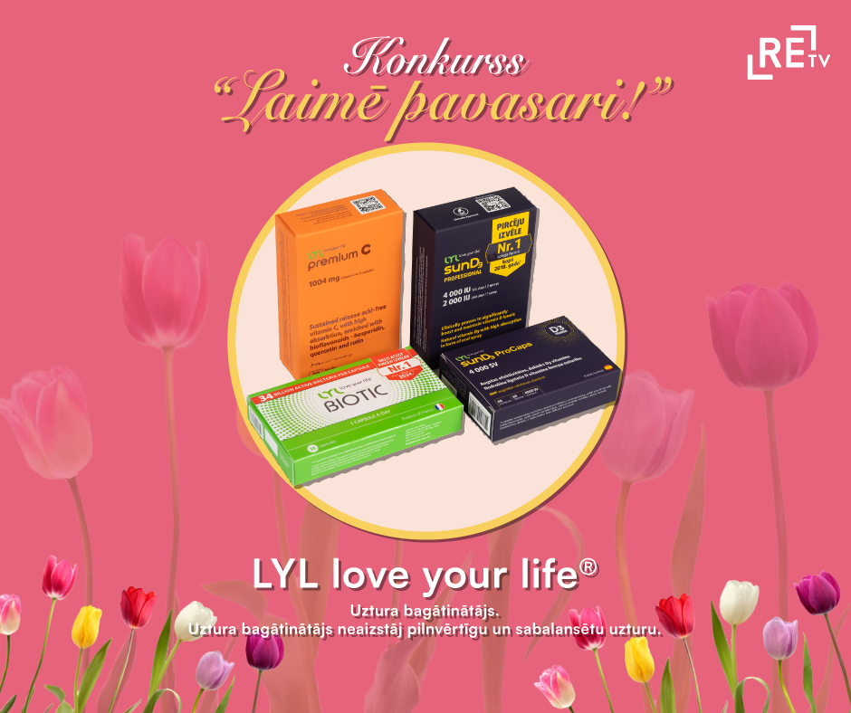 ReTV konkurss 'Laimē pavasari!' ar LYL love your life uztura bagātinātājiem uz ziedu fona.