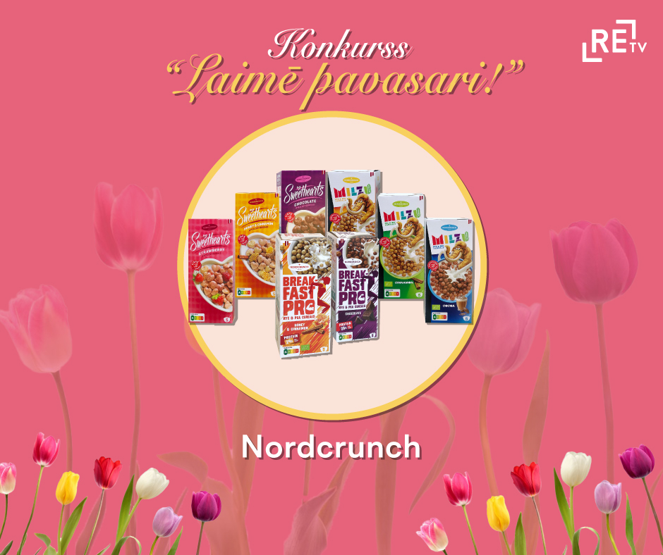 ReTV konkurss 'Laimē pavasari!' ar Nordcrunch brokastu pārslām uz ziedu fona.