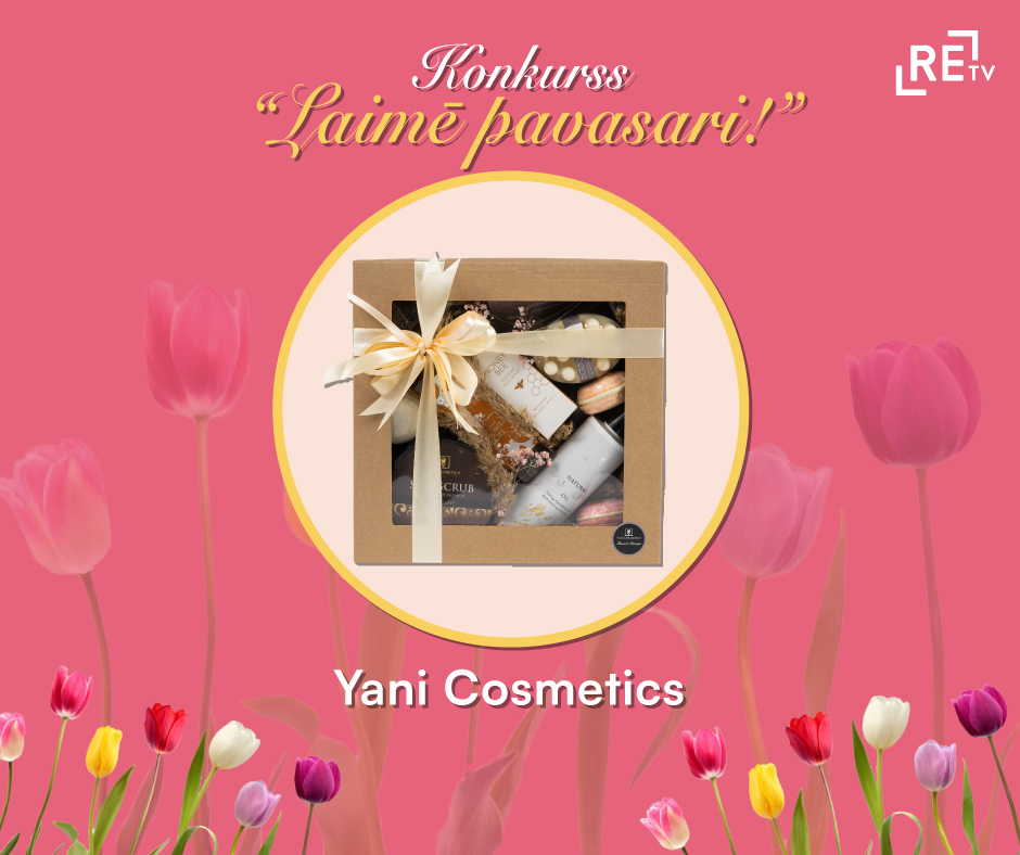 ReTV konkurss 'Laimē pavasari!' ar Yani Cosmetics balvu komplektu uz ziedu fona.