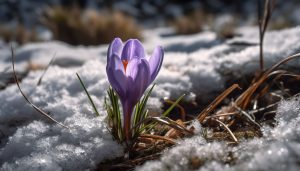 Pavasara ziedi sniegā – krokuss izplaukst saulē.