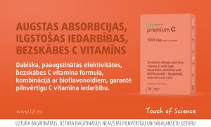 LYL premium C produkts ar aprakstu par bezskābes C vitamīna augstu uzsūkšanos