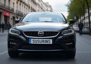 Melns vieglais automobilis ar numurzīmi "SUSURINS" uz pilsētas ielas