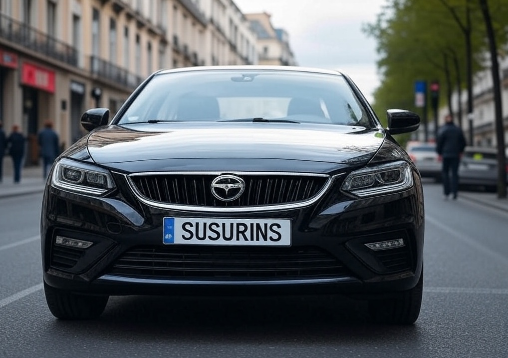 Melns vieglais automobilis ar numurzīmi 