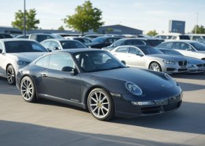 Porsche 911 automašīna stāvot stāvvietā starp citiem automobiļiem