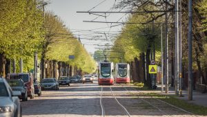 Divi sarkani tramvaji kursē pa bruģētu ielu, kuras malās rindojas zaļo koku aleja, un fonā redzami dažādi transportlīdzekļi