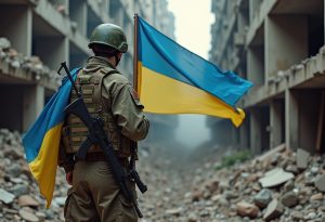 Ukrainas karavīrs stāv ar Ukrainas karogu izpostītā pilsētas ainavā.