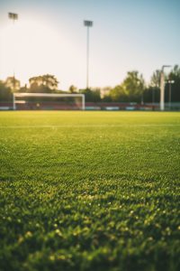 Futbola laukums ar zaļu zālāju saulainā dienā