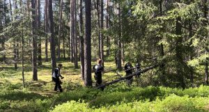 Jaunieši mežā piedalās orientēšanās vai meža darbos sacensību ietvaros
