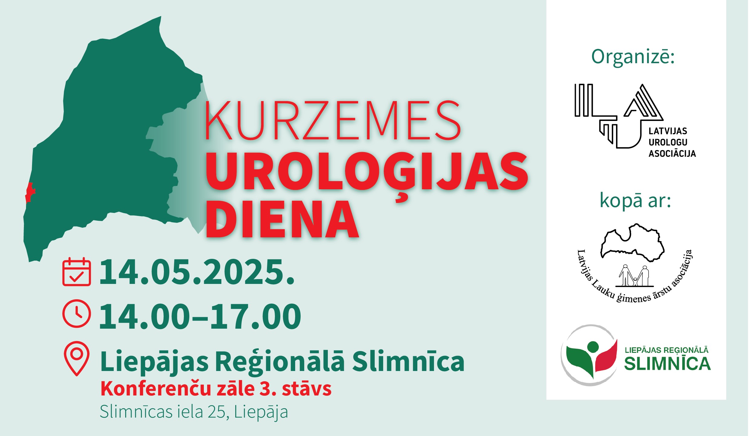Kurzemes Uroloģijas dienas 2025. gada pasākuma afiša ar datumu, laiku un norises vietu – Liepājas Reģionālā Slimnīca.
