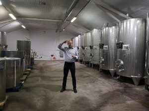 Vīna darītavas pārstāvis rāda ražošanas procesu nerūsējošā tērauda tvertnēs