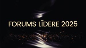 Foruma “LĪDERE 2025” nosaukums uz tumša fona ar zeltītiem gaismas elementiem – iedvesmas un izaugsmes pasākuma vizuālā identitāte.