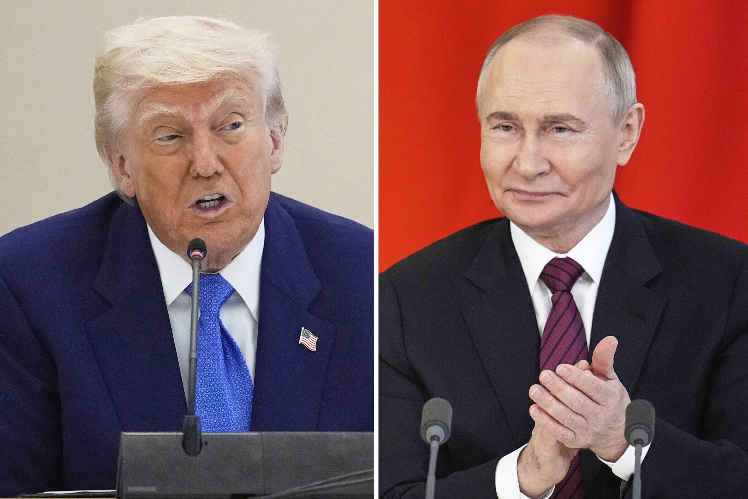 ASV prezidents Donalds Tramps un Krievijas diktators Vladimirs Putins oficiālās uzrunās — viens pie mikrofona, otrs aplaudē
