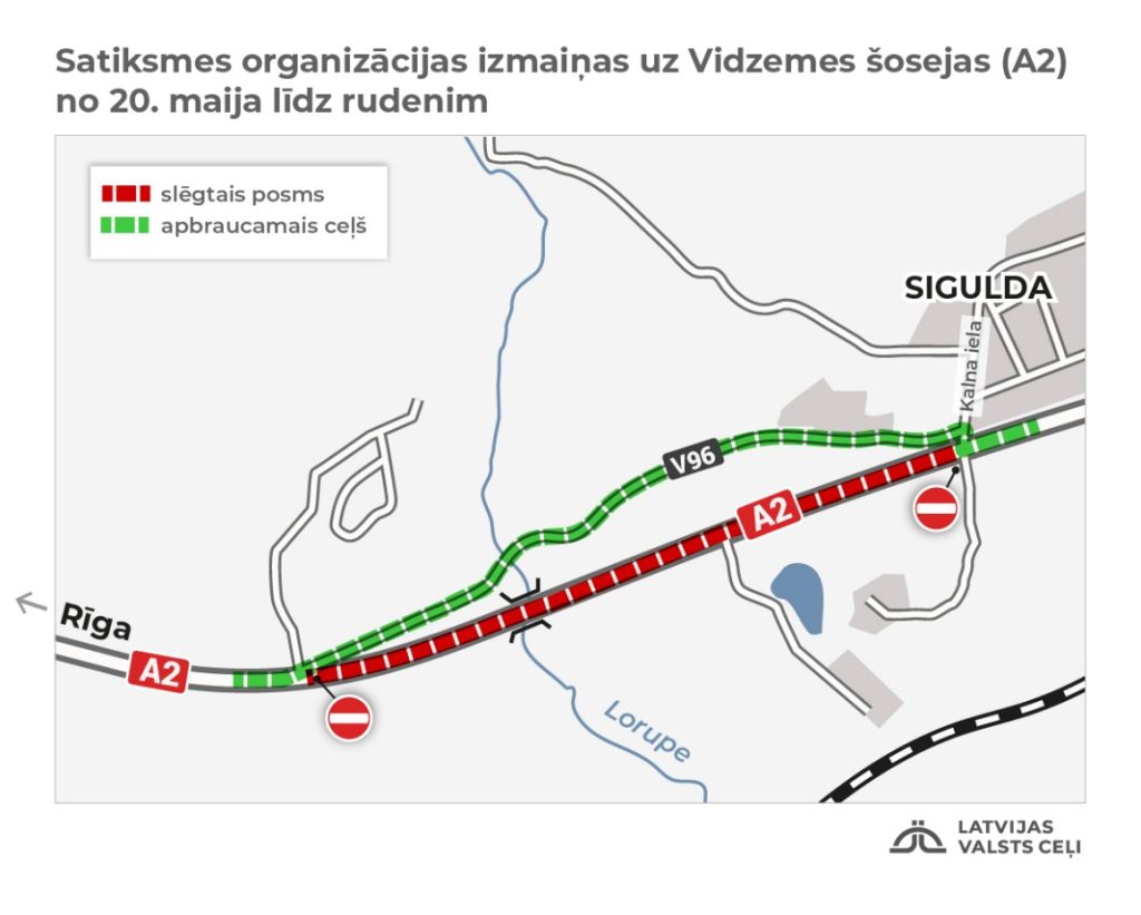 Satiksmes organizācijas izmaiņas uz Vidzemes šosejas (A2) no 20. maija līdz rudenim. Slēgtais posms un apbraucamais ceļš.