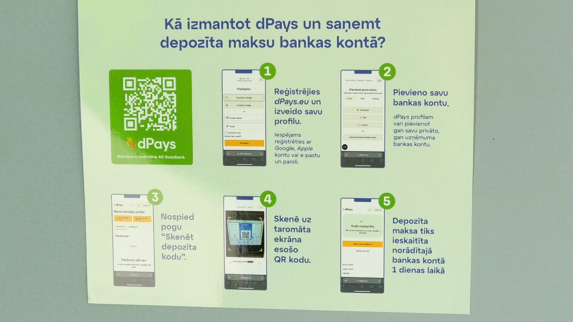 Instrukcija, kā izmantot dPays lietotni depozīta maksas saņemšanai bankas kontā
