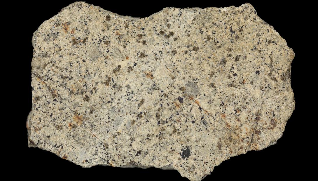 Tuvplāna attēls ar neregulāras formas meteorīta fragmentu, gaiši pelēcīgā krāsā ar tumšiem ieslēgumiem un redzamām plaisām.