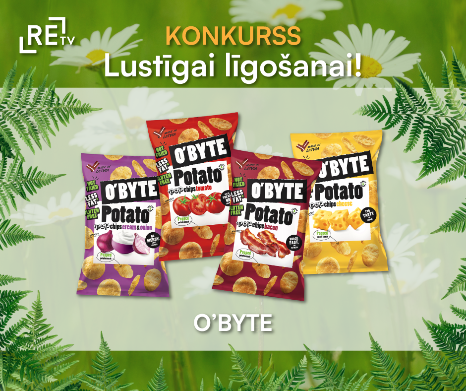 Četru veidu O’BYTE popčipsi: tomātu, sīpolu, siera un bekona garšās