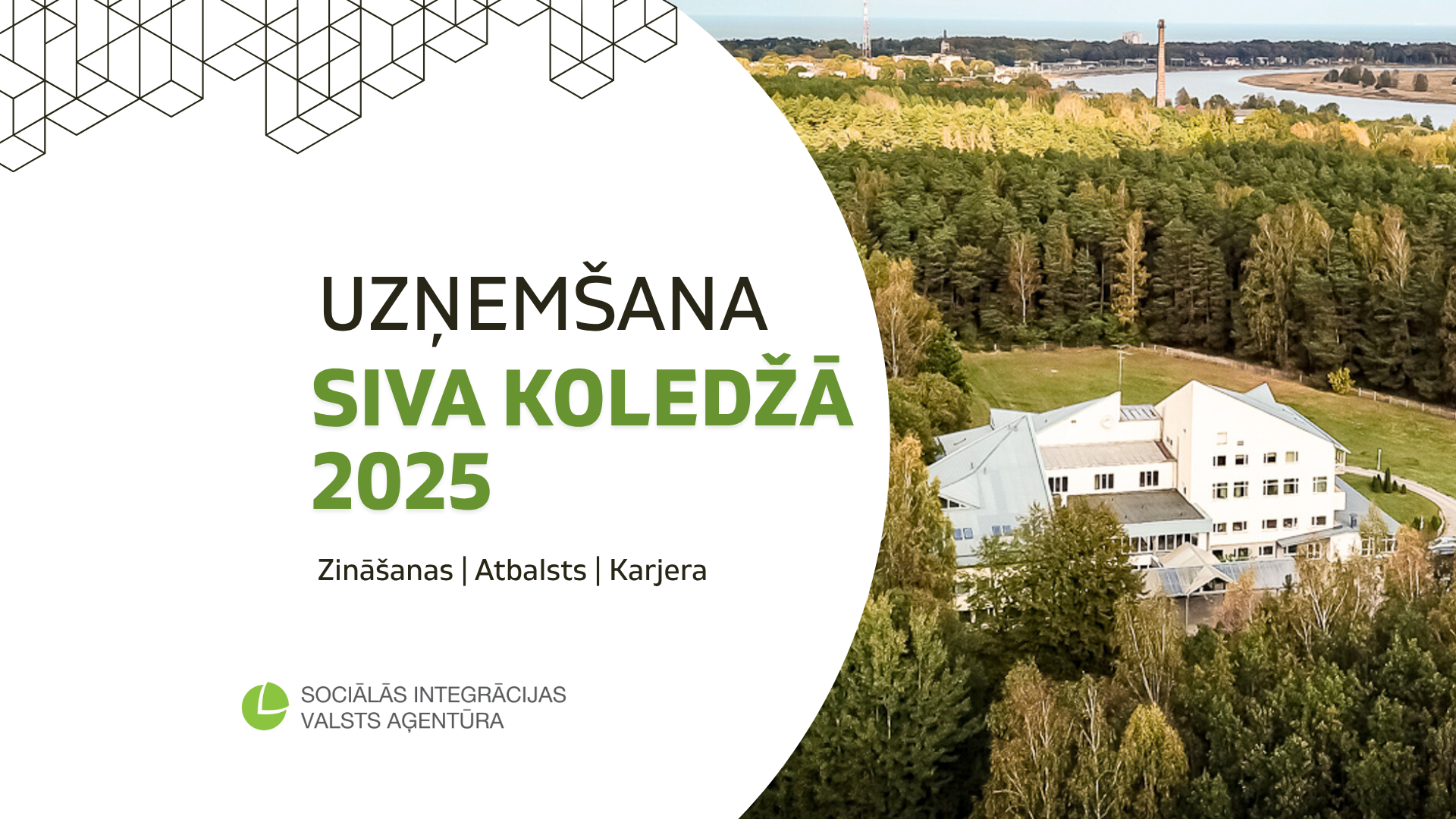 SIVA Koledžas ēka un mežs fonā ar uzrakstu “Uzņemšana SIVA Koledžā 2025”