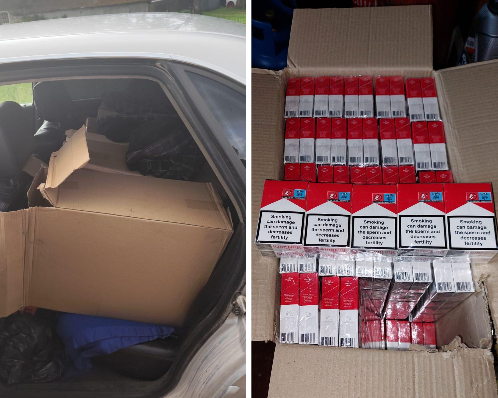 Nelegālo cigarešu kastes automašīnas aizmugurējā sēdeklī un atvērts kastu saturs