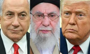 Izraēlas premjerministrs Benjamins Netanjahu, Irānas augstākais līderis ajatolla Ali Hameneī un ASV prezidents Donalds Tramps